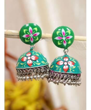 SwaDev Indian Designer Green Handpainted Meenakari Jhumka Earring SDJJE0003